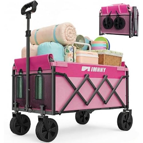 Pink Small Collapsible Wagon Cart, Lightweight Folding Utility Cart with Wheels, 220lbs Capacity Portable Grocery Cart for Sporting Events, Garden, Shopping (Pink)