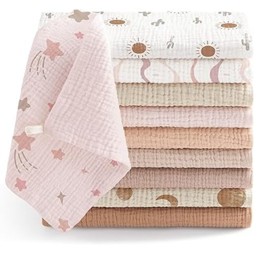 Bearmoss Pack of 10 Baby Muslin Wash Cloths Molleton Cloths 100% Cotton Soft Breathable and Extremely Absorbent Muslin Cloth for Absorbent Muslin Cloths 25 x 25 cm (Pinkish Purple)