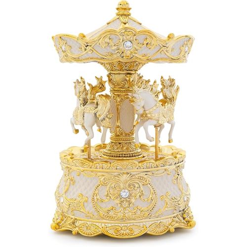 Carousel Music Box Gold & Ivory 8.7" Rotate Christmas Music Box for Kids & Adults, Classic Wind up Cylinder Music Box Birthday Gifts for Women Girls Mom, Carousel Horse Musical Lantern Home Room Decor