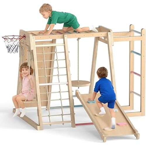 OLAKIDS Indoor Jungle Gym, 9 in 1 Wooden Montessori Baby Climbing Toys with Adjustable 2 Swings Ramp, Monkey Bar Basketball Hoop Ladder Climb Net (Natural)
