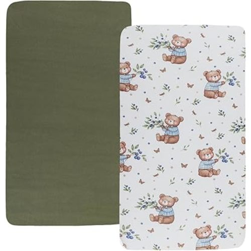 Bassinet Sheet Set 2 Pack Snug Fitted Bedside Sleeper Bassinet Sheets, Stretchy Ultra Soft, Unisex Boy Girl, Light Green & Bear Leaf