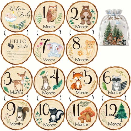Uflashmi Woodland Baby Milestone Wooden Signs, Double Sided, 7Pcs