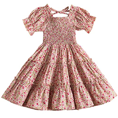 NNJXD Girl Smocked Elastic Printed Dress Summer Casual Wear Size (130) 6-7 Years 1903 Floral