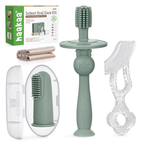haakaa Training Toothbrush Set Oral Care Kit, Soft Silicone Toothbrush for Baby, Infants, Toddlers & Kids, Pea Green