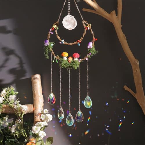 TUOKING Crystal Suncatchers for Window Hanging Mushroom Colorful Crystals Prism Pendant Sun Catchers Rainbow Maker Ornament Gift Home Garden Decoration
