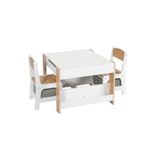 Kids Art Play Activity Table with Storage Shelf and Chair Set with Storage Baskets, White & Gray