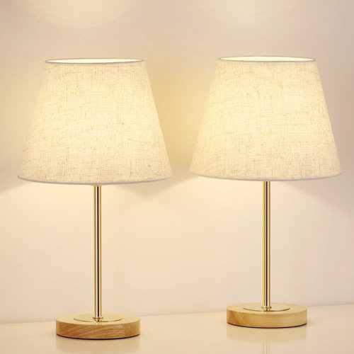 Everly Quinn Table Lamp Wooden Base Gold Lamp Pole Gold Iron Sheet Linen Lampshade | Wayfair