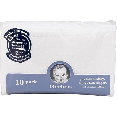 Gerber Unisex Baby Boys Girls Birdseye Prefold Cloth Diapers Multipack White Premiun 3-Ply 10 Pack