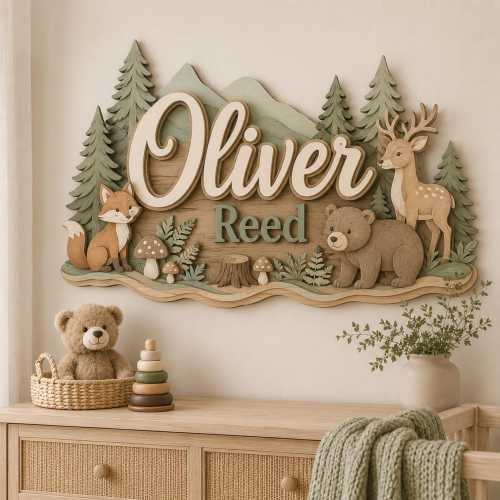 Custom Woodland Animal Wooden Name Sign, Personalized Nursery Wall Decor for Baby, Forest Theme Bedroom Gift, Baby Shower Keepsake
