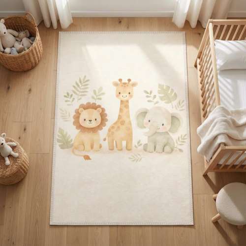 Safari Animals Nursery Rug | Neutral Baby Room Decor