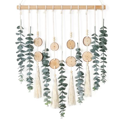 Alynsehom Artificial Eucalyptus Wall Hanging Decor Greenery Boho Chic Home Decorations Farmhouse Rustic Plants with Wooden Stick for Bedroom Living Room Apartment Ornament Gift (Green-3)