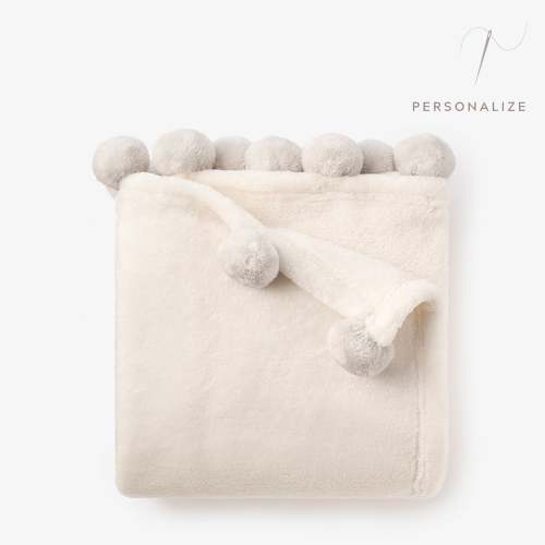 Pale Gray Pom Trim Fleece Baby Stroller Blanket