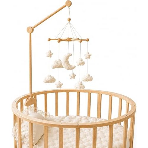 MOOGCO Crib Mobile Arm with Mobile, 35.4 Inch Wooden Baby Mobile Holder and Boucle Moon Cloud Star Mobile Set, Cloud Clamp, Only Wood Touches Your Crib, Handmade, Natural