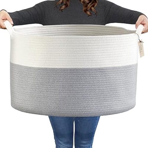 COMFY-HOMI XXXL Large Laundry Basket, Cotton Rope Nursery Woven Basket for Storage, Blanket Baskets Living Room Laundry Hamper, Dog Toy Storage Organizer, Home Decor-21''x21''x13.6''-White/Grey