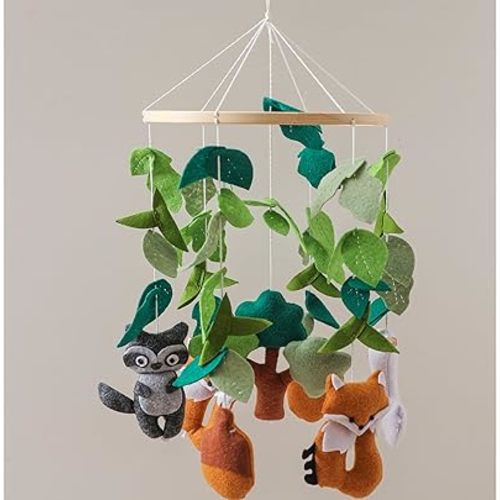 Mobile for Crib – Handmade Forest Baby Mobile with Fox, Raccoon, Leaves & Acorn, Baby Mobile for Crib with Beech Wood Ring, Nursery Mobiles Felt Hanging Toy, Bassinet Mobile Woodland Decor