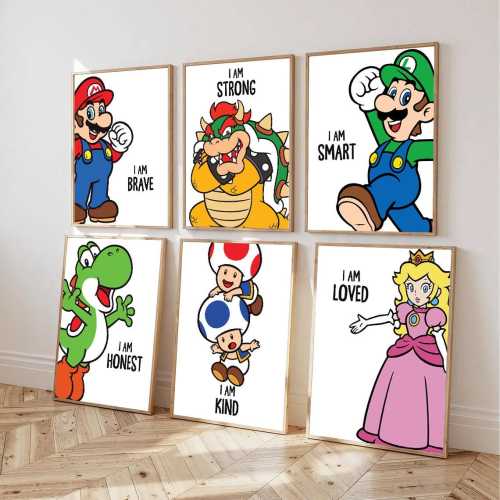 Super Mario Affirmation Prints, Nintendo Kids Wall Art, Gaming Nursery Decor (Set of 6)