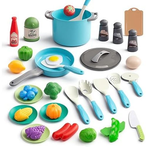 35Pcs Kids Kitchen Toy Accessories, Toddler Pretend Cooking Playset with Play Pots, Pans, Utensils, Cookware, Play Food Set, Toy Vegetables, Learning Gift for Girls & Boys (Turquoise)