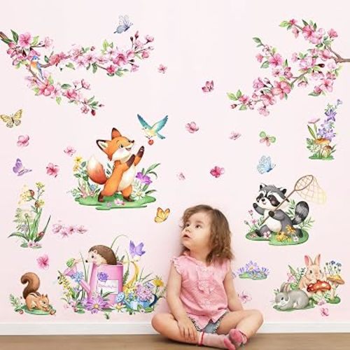 Supzopne Cherry Blossom Animals Wall Decals - Spring Forest Fox Raccoon Bunny Vinyl Stickers for Girls Kids Room Nursery Bedroom, Removable Peel and Stick Flower & Animal Wall Art Decor