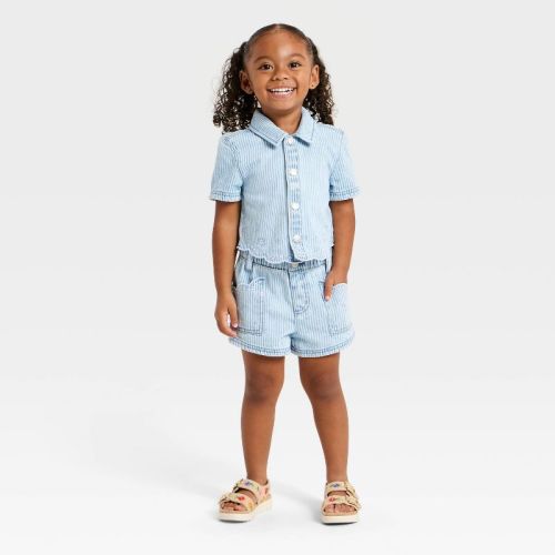Toddler Girls' Striped Denim Dress Set - Cat & Jack™ Light Wash 18M