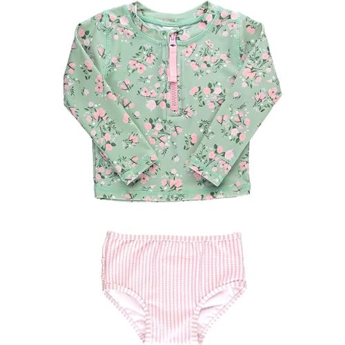 RuffleButts® Baby/Toddler Girls Long Sleeve Rash Guard 2 Piece Swimsuit Set w/UPF 50+ Sun Protection with Zipper