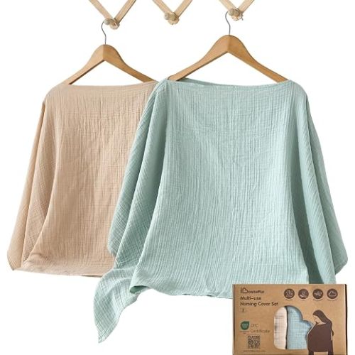 IBESTOPIA Nursing Cover for Breastfeeding, 2 Pack, 100% Cotton Muslin, 360° Privacy, Lightweight & Breathable, Multi-Use Baby Car Seat & Stroller Cover, Natural Sage & Linen