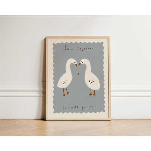 Twin Ducks Nursery Print, Twins Nursery Illustration Print, Twins Wall Art, Twins Baby Shower Gift, Nursery Wall Art, Twins Bedroom UNFRAMED