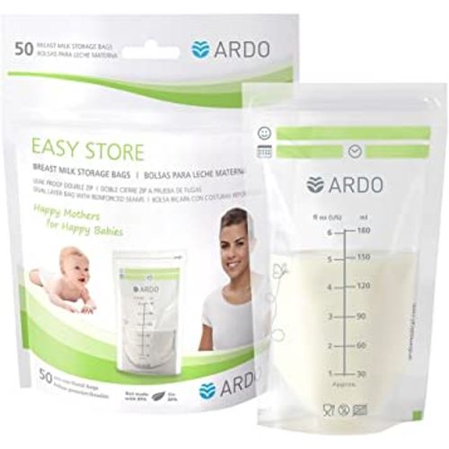 Ardo Easy Store - 50 Extra-Strong Breast Milk Storage Bags for Fridge and Freezer (180ml, 6 fl.oz.), with Easy-to-Read Scaling, 50 Bags, Stackable and Self-Standing