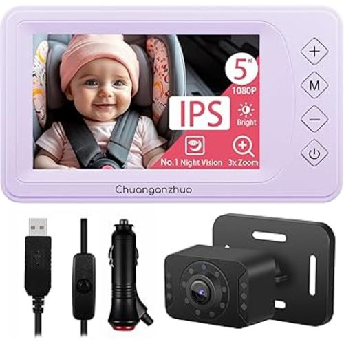 Baby Car Camera with Advanced Crystal-Clear Night Vision, 3X Zoom, USB Powered, 5'' AHD 1080P IPS Car Baby Monitor, Backseat Camera for Kids Infants Rear Facing Mirror, 5inch, Purple