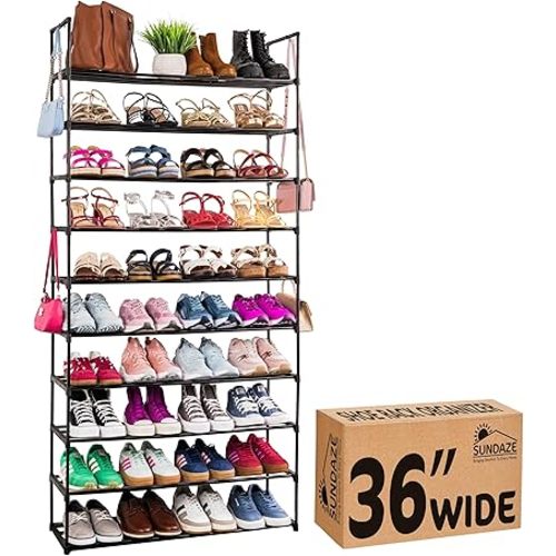 Sundaze Shoe Rack - 10 Tier Metal Shoe Rack for Front Door Entrance, Sturdy Tall Shoe Organizer for Closet, Bedroom, Entryway, Garage, Black Metal Shoe Shelf, Holds Up to 50 Pairs