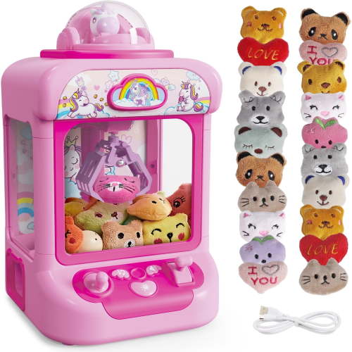 ToyM Claw Machine for Kids, Mini Arcade Game with Unicorn Design, 20 Plush Prizes, Sound, USB or Battery