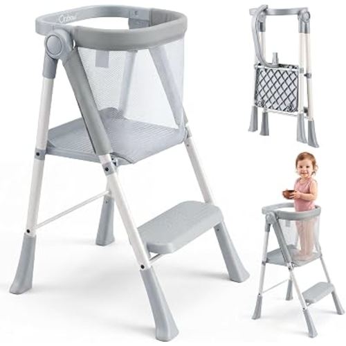 Orzbow Foldable Toddler Tower, Kitchen Helper Step Stool, Safety Rail & Net | Kitchen Counter Learning Helper Encourages Independence, Kids Participate in Cooking, Meal Prep, Handwashing, Teeth Brushing
