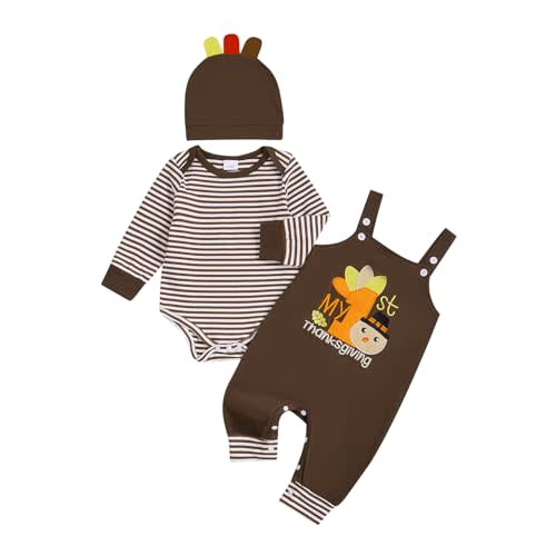 My 1st Easter Baby Boy Outfit Stripe Long Sleeve Romper Bunny Embroidered Overalls Pants Hat Set 3Pcs Clothes