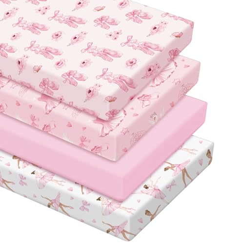 VitalCozy 4 Pcs Pink Bow Ballerina Crib Sheet Set Newborn Bedding Nursery Baby Sheets for Girl Boys Baby Gifts for Standard Crib and Toddler Mattresses, 52 x 28 x 8 Inches
