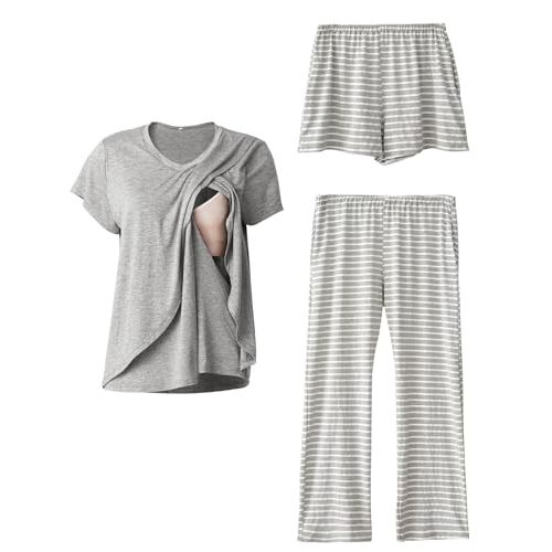 Rnxrbb V Neck Nursing Pajamas Set 3 Pack Postpartum Pjs Breastfeeding Sleepwear for Women Double Layer with Pockets