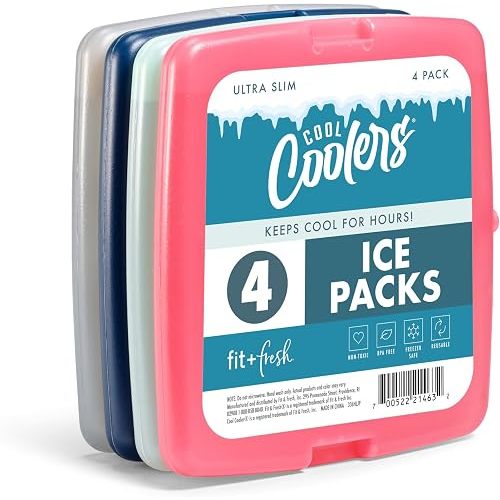 Fit + Fresh Cool Coolers Slim, Reusable Ice Packs for Lunch Bags, Beach Bags, Coolers, and More, Set of 4, Multicolored