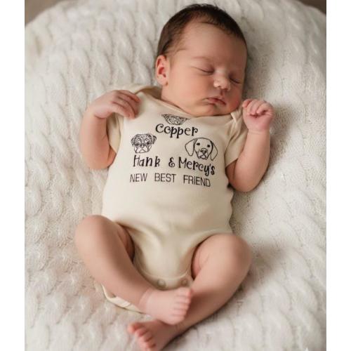 Custom Pet Portrait with Pet name Onesie® for 3 Dog Owners,Embroidered New Best Friend Onesie® Protected By Dog Onesie®,Baby Announcement,