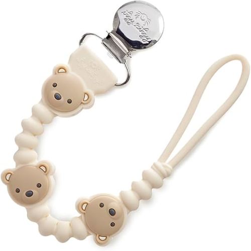 Itzy Ritzy Silicone Pacifier Clip – 100% Food Grade Silicone Pacifier Strap with Clip Keeps Pacifiers, Teethers & Small Toys in Place – Features One-Piece Design, Bear Character & Silicone Cord (Bear)