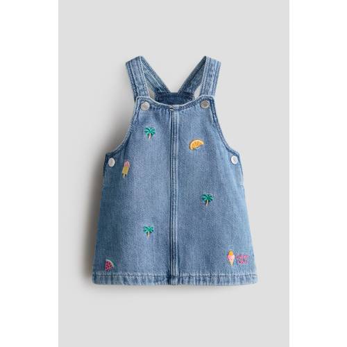 EMBROIDERED-DETAIL DENIM OVERALL DRESS