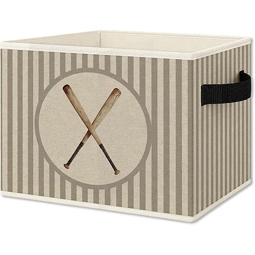 Vintage Baseball Boy Storage Bins Box with Handles, Sports Kids Decor for Boys, Neutral Striped Baseball Bat Collapsible Organizer Basket for Nursery Room Bedroom Playroom Toys Books