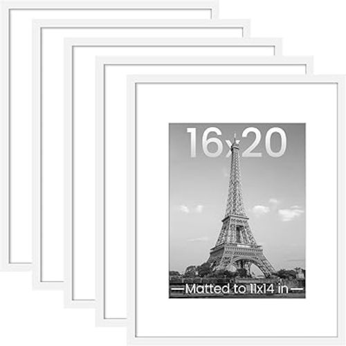 upsimples 16x20 Picture Frame Set of 5, Display Pictures 11x14 with Mat or 16 x 20 Without, Wall Gallery Poster Frames, White