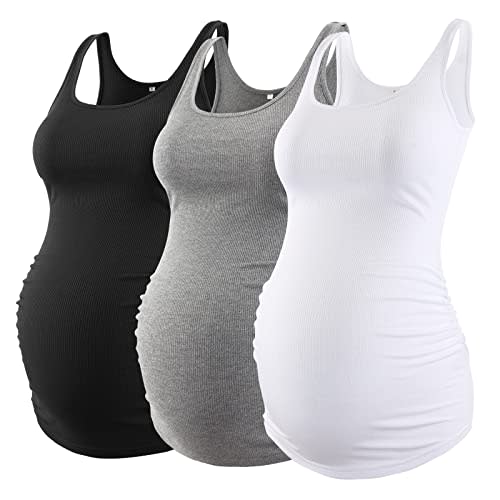 Liu & Qu Maternity Tank Tops Rib Side-Shirred Sleeveless Pregnancy Basic Shirt 3-Pack