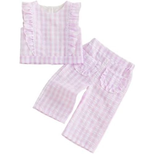 Thorn Tree Girls Summer Outfits Ruffle Sleeve Button Up Dress Tops Plaid Linen Pants Spring Toddler Girl Clothes