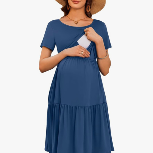 Ekouaer Nursing Dress Summer Short Sleeve Breastfeeding Casual Knee Length Maternity Dresses S-XXL