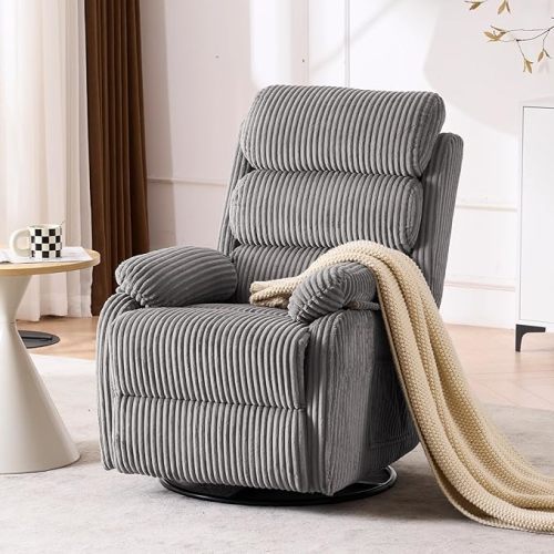 Velvet Upholstered Glider Recliner Chair – 360° Swivel Rocker Chair for Adults, Small Rocking Chair for Small Spaces, Soft Fabric Recliner Chair with Side Pockets, Comfortable Nursery Chair,Brwon
