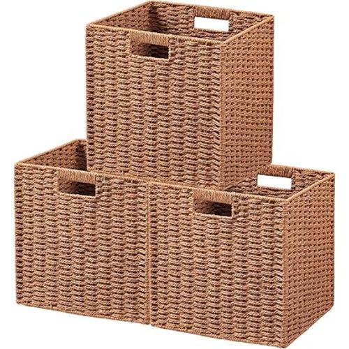 UBBCARE 3 Pack Wicker Basket, 11L×11H×10.5W inch Woven Paper Rope Storage Baskets for Shelves, Foldable Cube Storage bin with Handle, Storage Basket for Organizing & Decor,Caramel