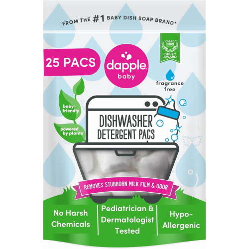 Baby Dishwasher Pacs, Hypoallergenic Dishwasher Pods Powered by Plants, Removes Milk Residue & Odor on Dishes, Baby Bottles & Kitchenware, Fragrance Free, 25 Count (Pack of 1)