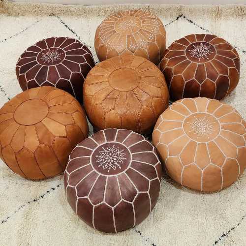 Moroccan Leather Pouf Ottoman, Handmade Genuine Leather Floor Cushion | Boho Footstool, Bohemian Home Decor, Round Pouf, Unstuffed Pouf