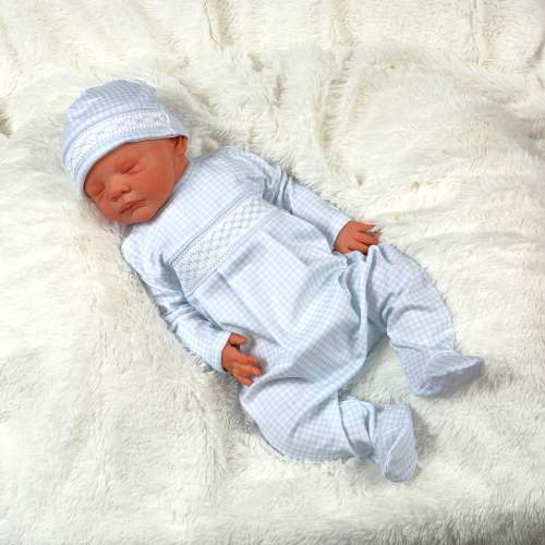 BGG-114 Blue gingham clsssic Pima Hand Smocked Footie