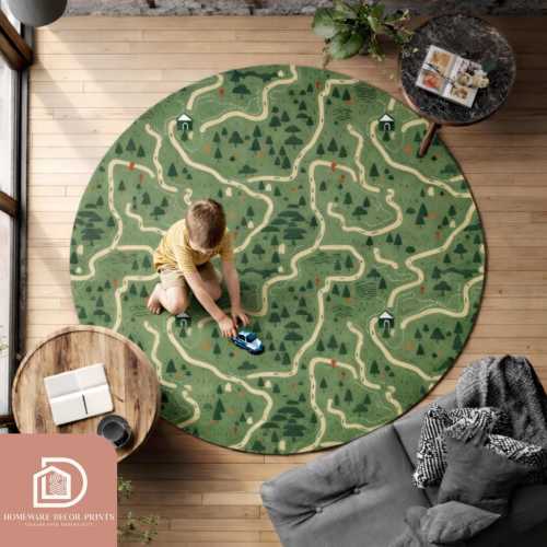 Mountain Road Map 5ft Round Rug, Large Floor Mat Kids Bedroom, Green Woodland Area Rug, Landscape Activity Playmat, Forest Nursery Theme