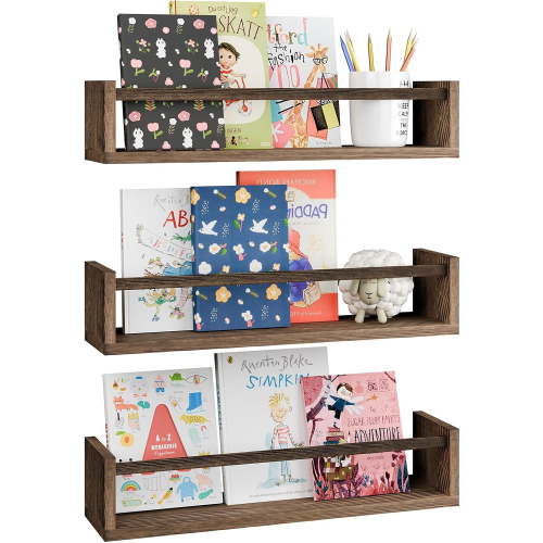 Nursery Book Shelves, 16.5 Inch Floating Bookshelves for Wall Set of 3, Baby Nursery Decor, Solid Wood Wall Mounted Shelves for Books, Toys and Decor Storage (Brown)